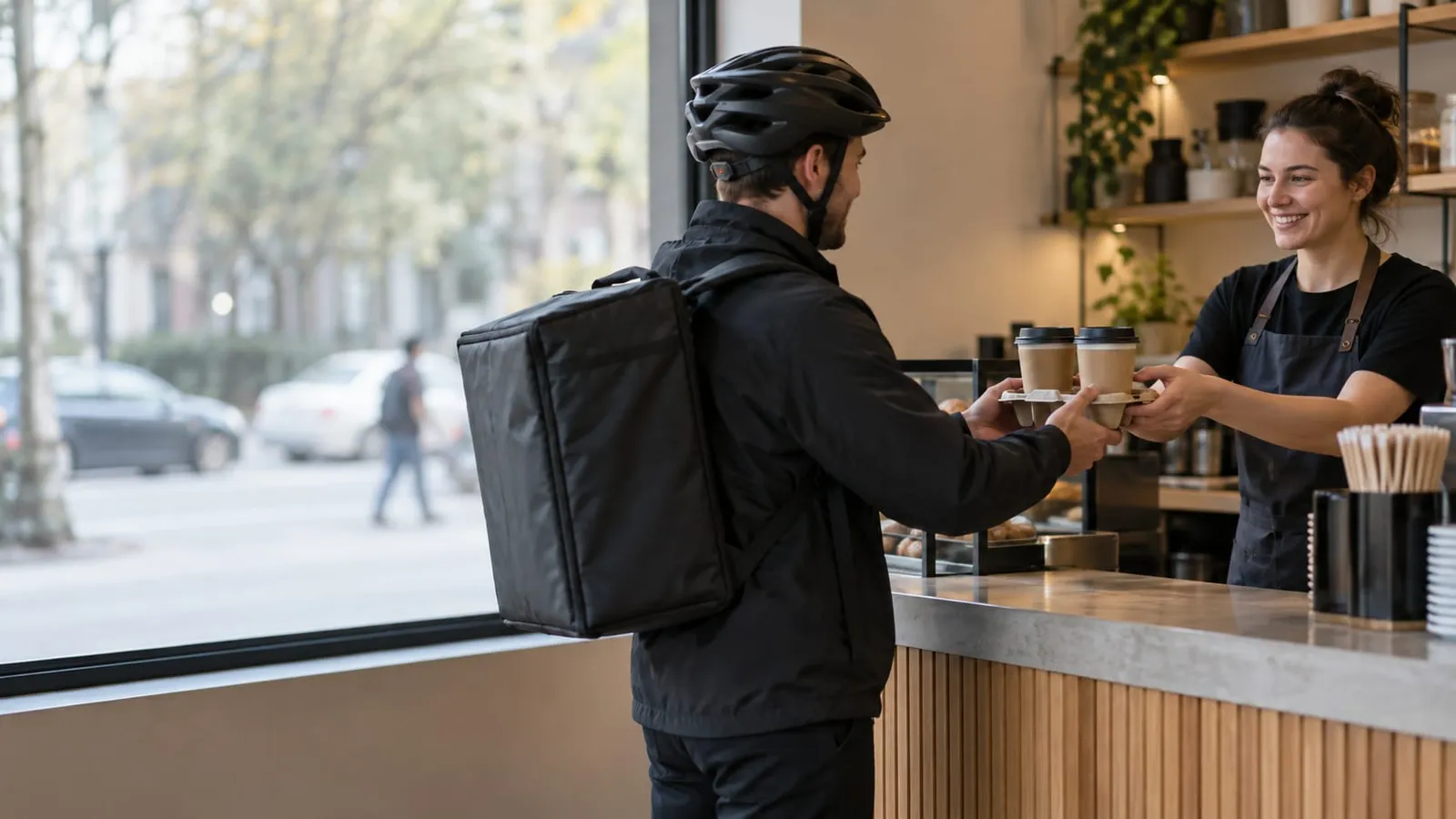 A courier with a bike helmet and an insulated backpack takes a tray of two coffee cups from a smiling barista at a counter