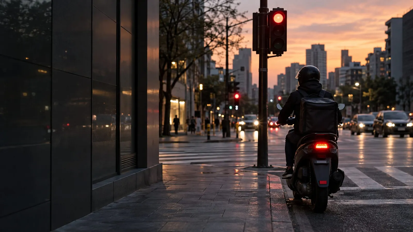 A delivery rider with an insulated backpack waits on a scooter at a red traffic light on a city street at dusk