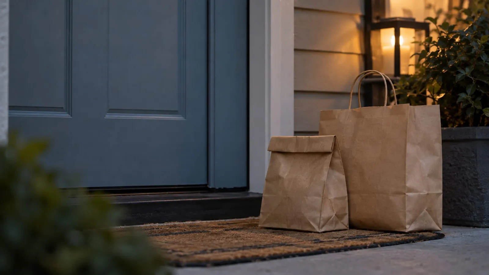 Two paper takeout bags on a doormat in front of a blue front door in the evening light