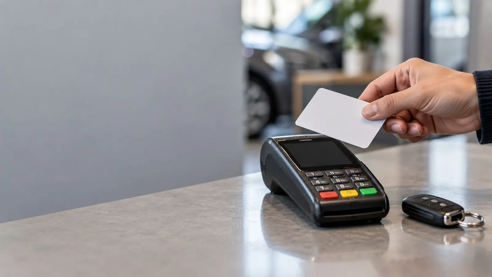 A hand holds a blank bank card above a card payment terminal on a counter, with a car key lying next to it