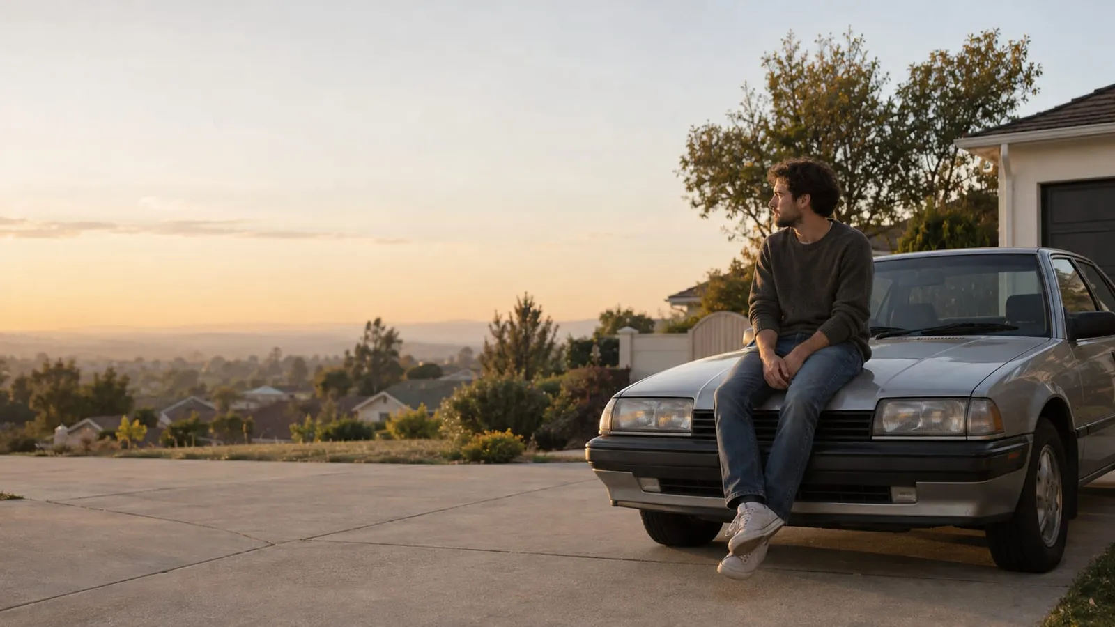 A man sits on the hood of an older silver car in a driveway and looks at a residential valley at sunset