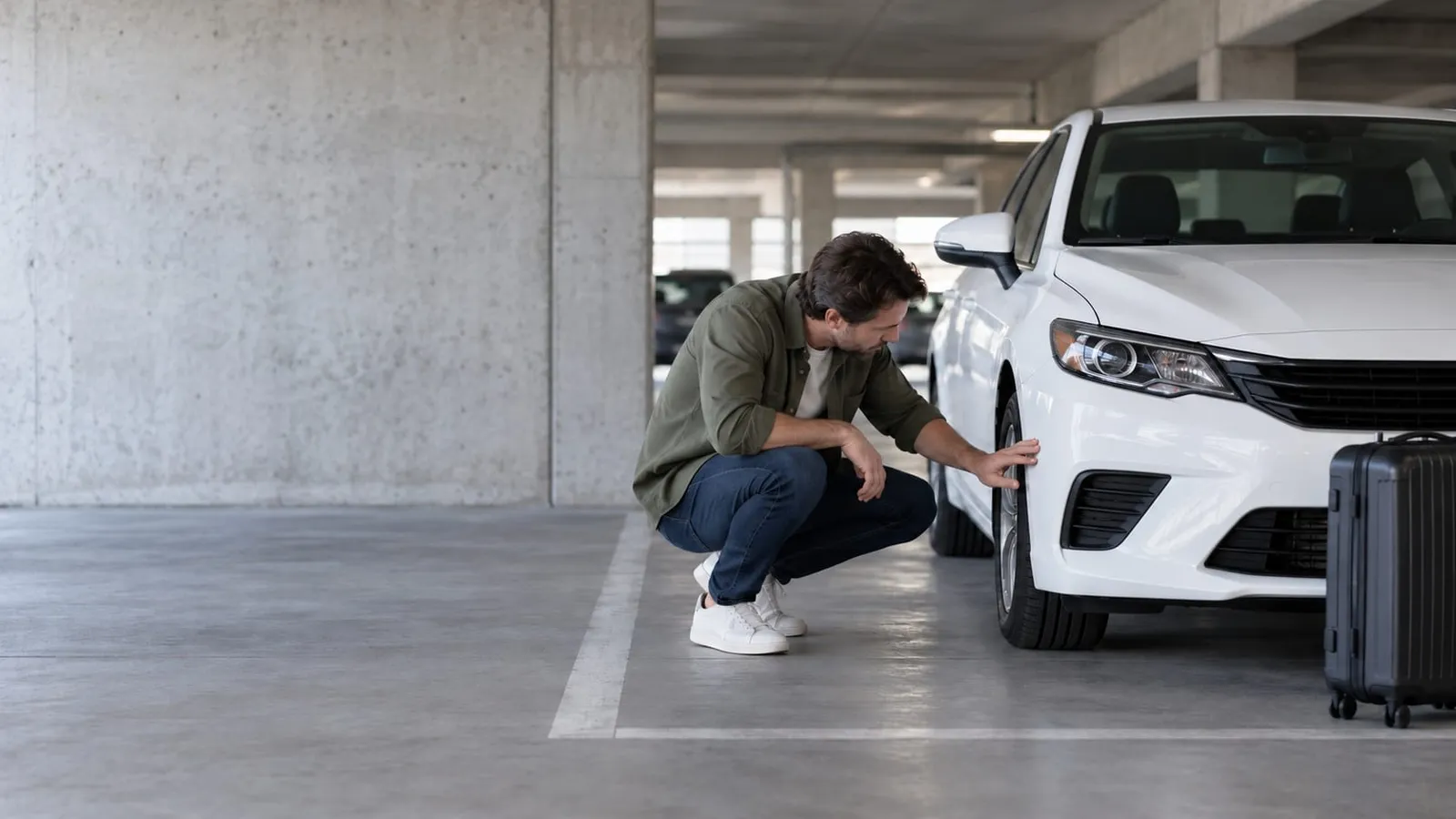 A man in an olive shirt crouches in a parking garage and checks the front wheel arch of a white car, with a black suitcase beside it