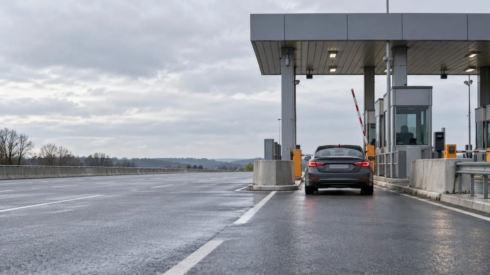 A gray car waits at a motorway toll plaza with the barrier raised and a wet road stretching behind it