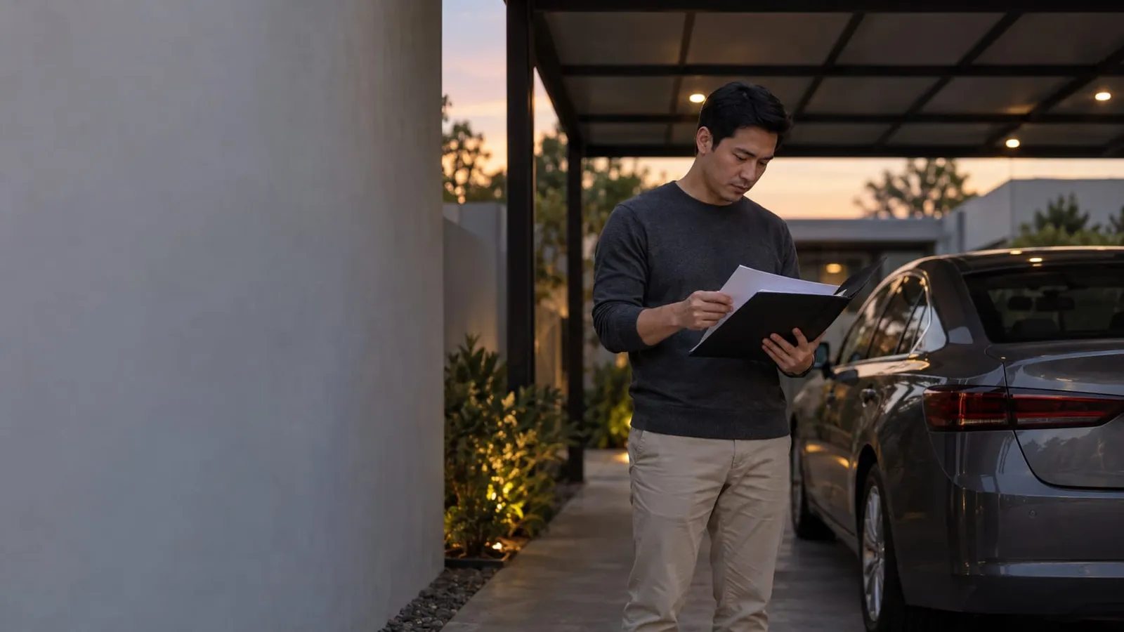 A man in a dark sweater reading documents from a folder in a carport next to a gray sedan at dusk