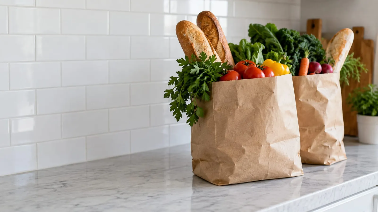 Two brown paper grocery bags filled with bread, tomatoes, greens and carrots on a marble kitchen counter
