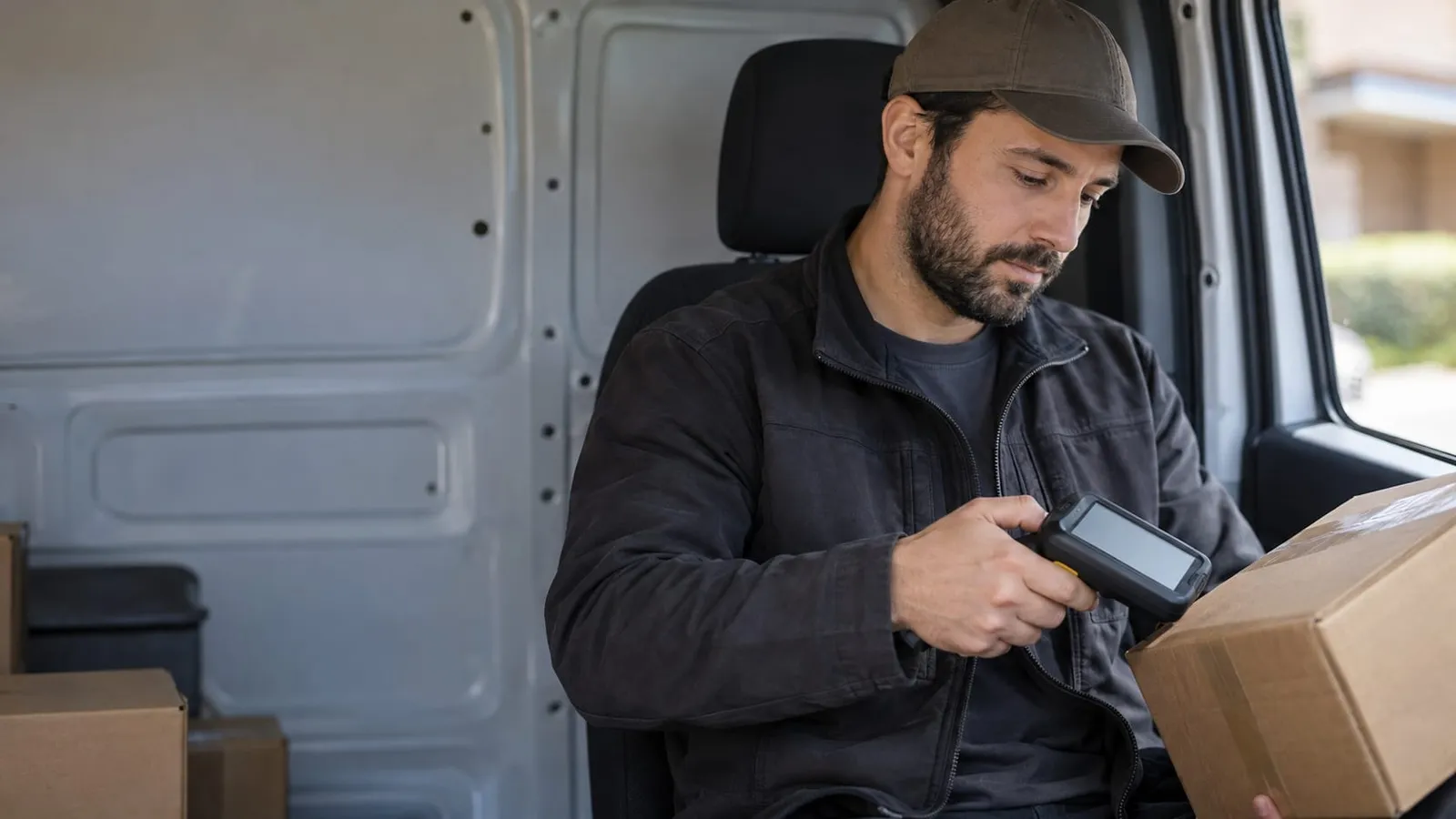 A delivery driver in a cap sits in a van and scans a cardboard package with a handheld scanner