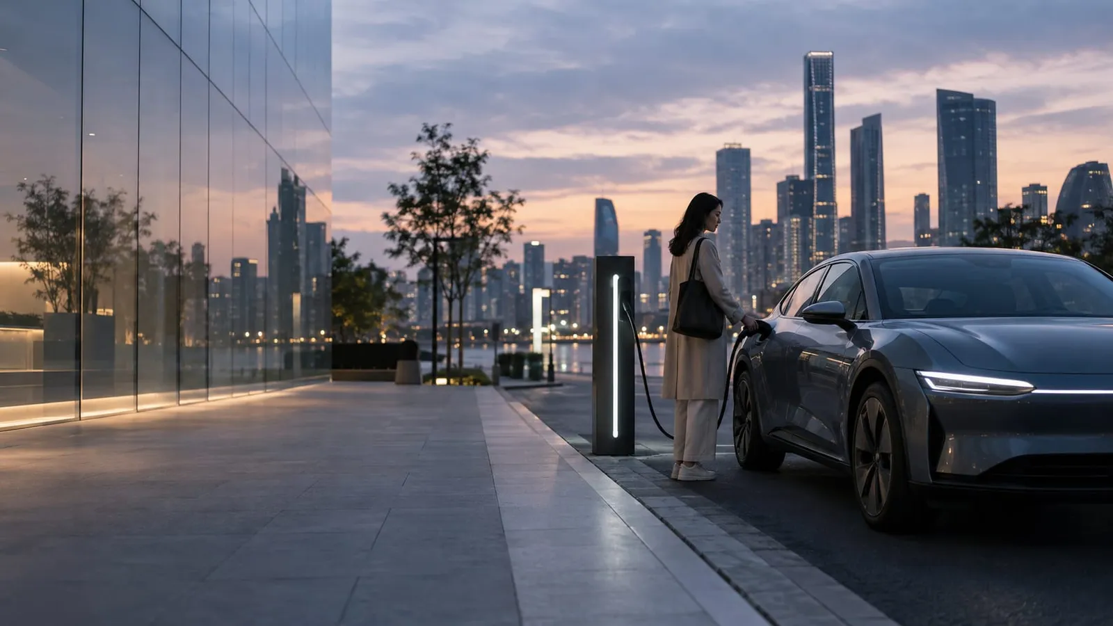 A woman plugging a charging cable into an electric car at a street charger with a city skyline at dusk