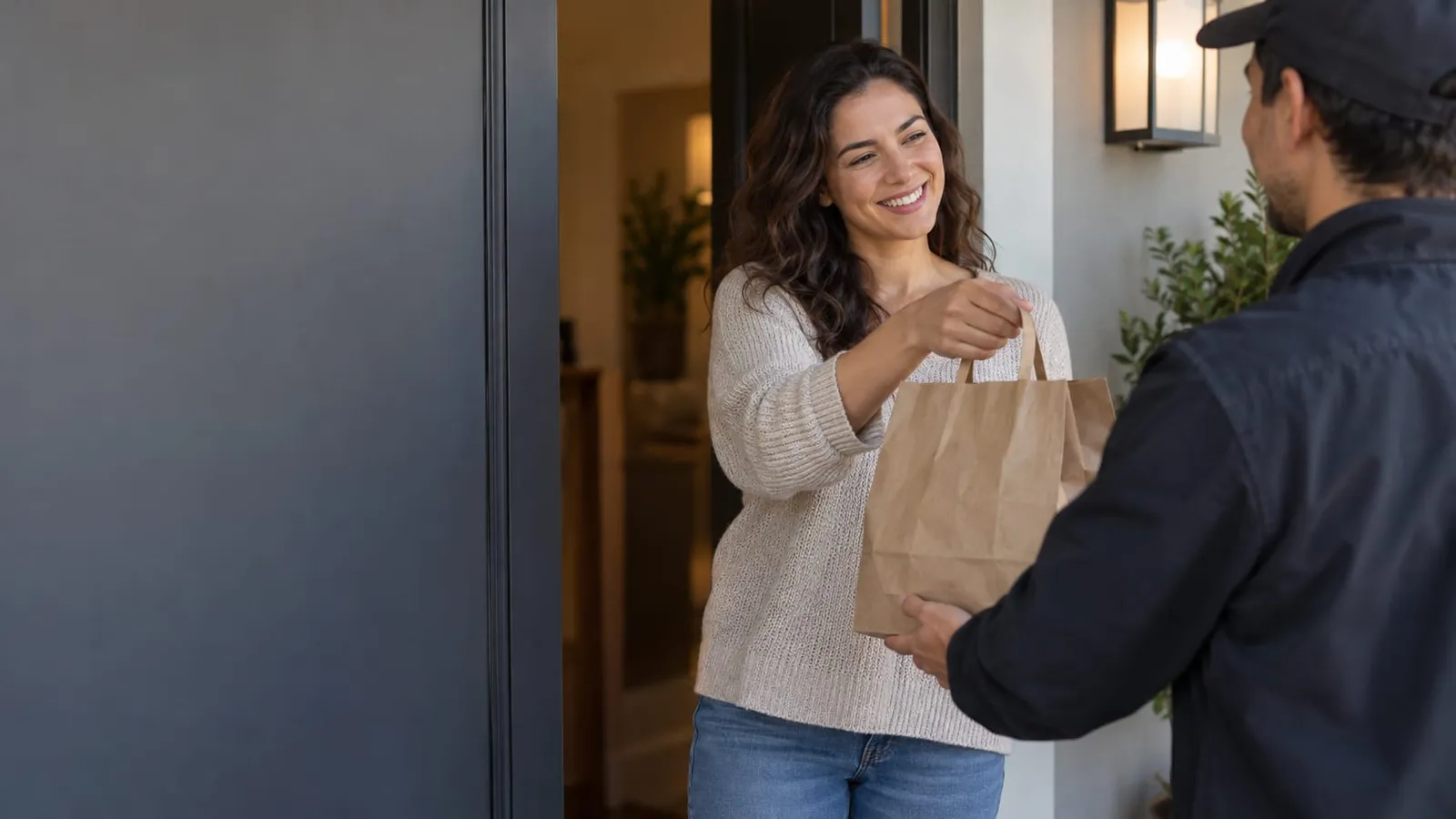 A smiling woman at her front door taking a paper takeout bag from a delivery driver wearing a dark cap and jacket