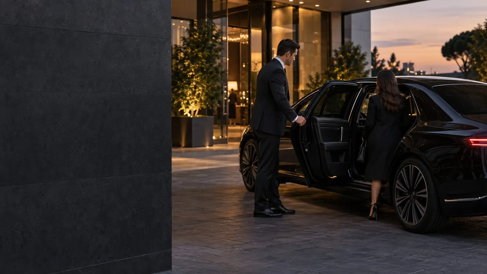 A chauffeur in a dark suit holds open the rear door of a black luxury sedan for a passenger at a hotel entrance at dusk