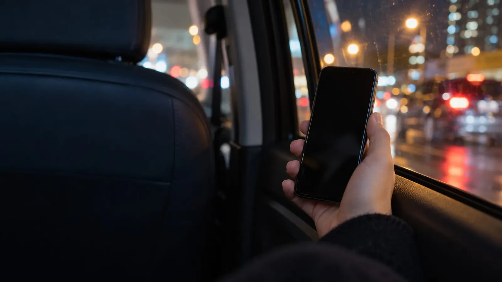 A passenger's hand holds a smartphone in the back seat of a car at night, with blurred city lights and rain on the window