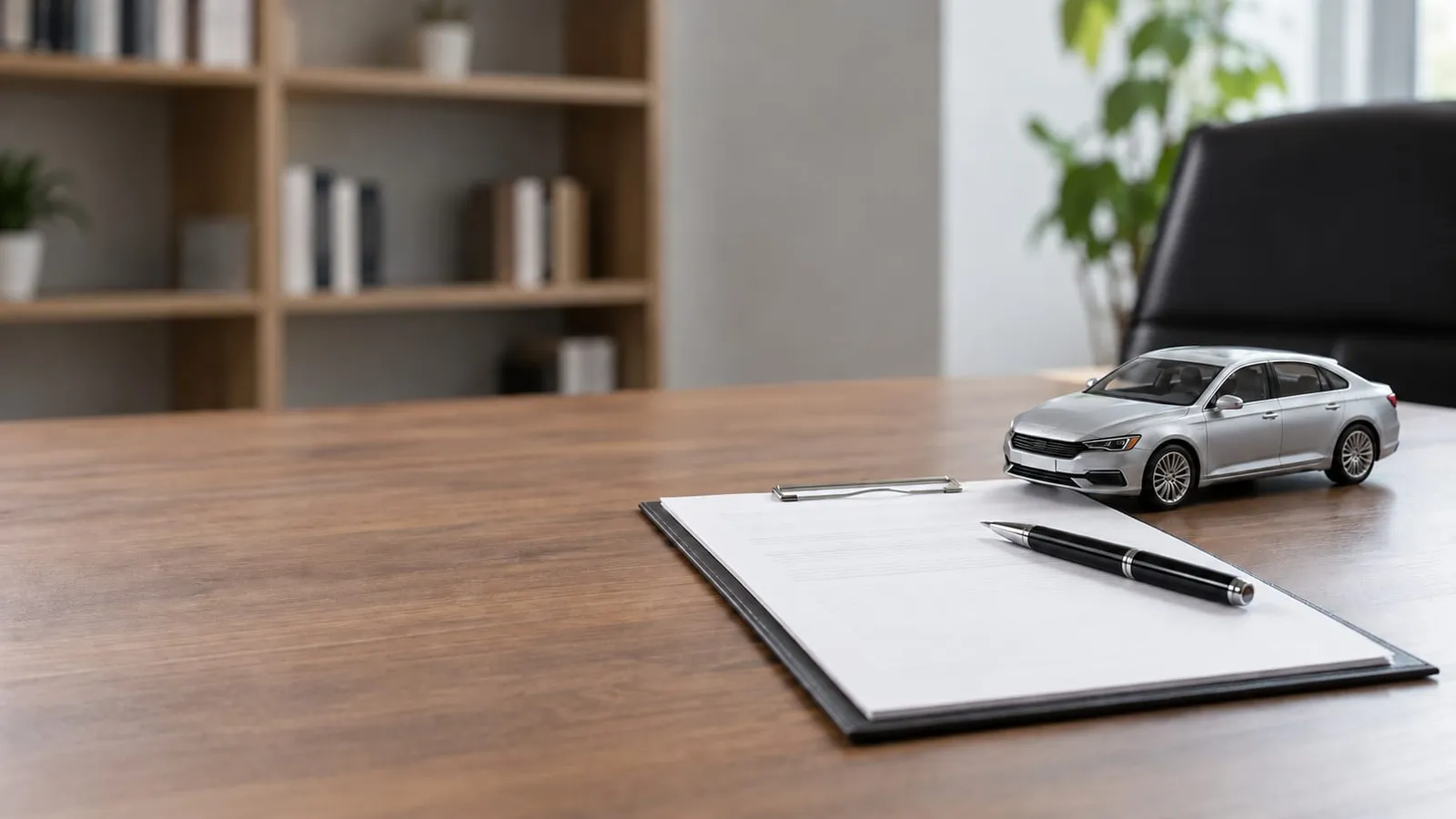 A model sedan and a pen on a clipboard with a blank form lying on a wooden office desk