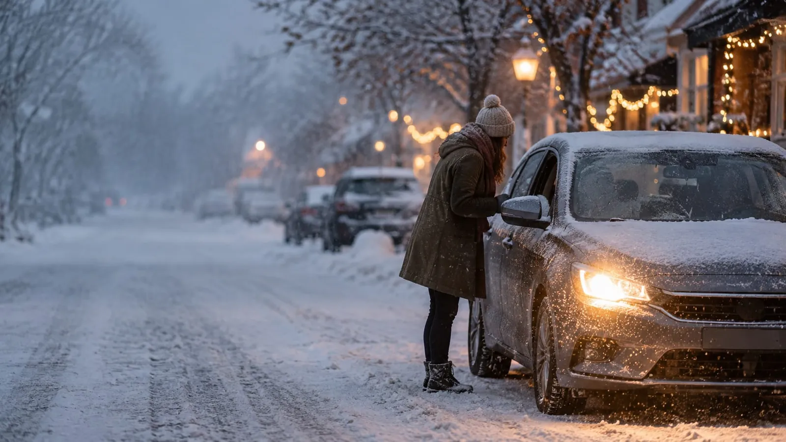 A person in a winter coat and knit hat leans toward the window of a snow-covered car on a snowy street lined with festive string lights