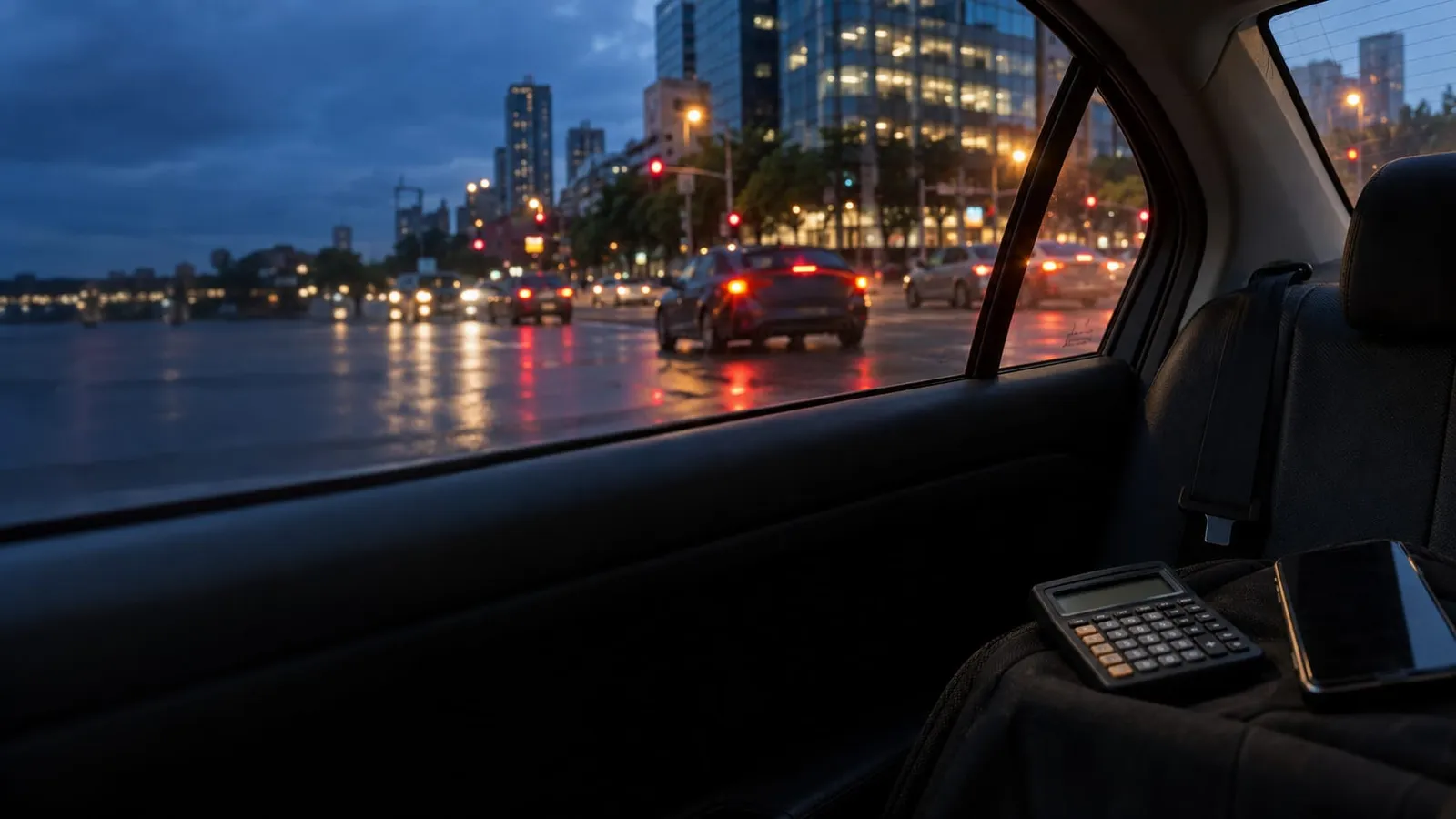 View from the back seat of a car at dusk: a pocket calculator and a smartphone on the seat, wet city street and traffic lights through the window