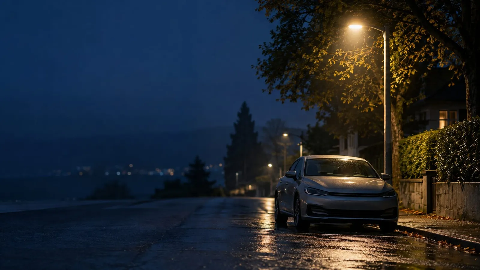 A silver sedan parked under a street lamp on a quiet wet road at night