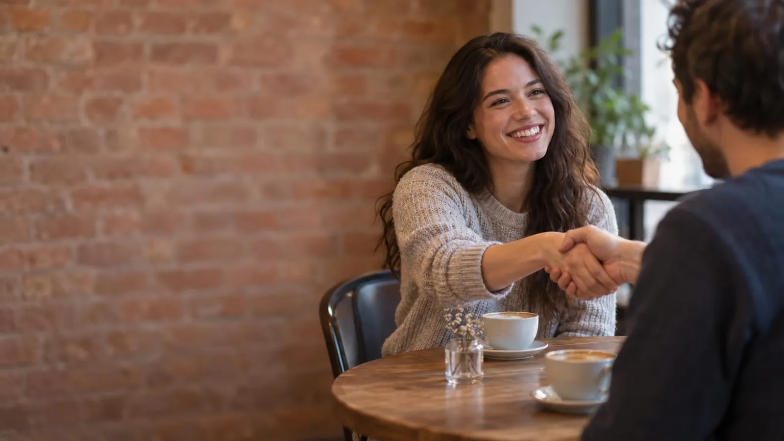 A smiling woman in a gray sweater shakes hands with a man across a cafe table