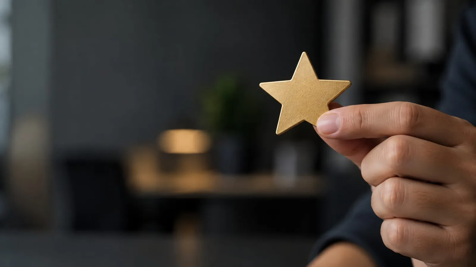 A hand holding a small golden star in front of a blurred dark room