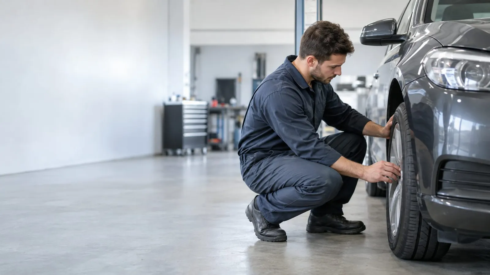 A mechanic in a dark coverall crouches in a garage and checks the front tire of a gray car