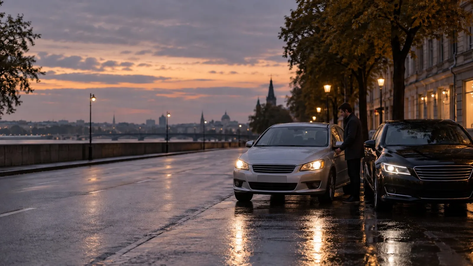 A man opening the door of a silver sedan parked next to a black sedan on a rainy city embankment at dusk