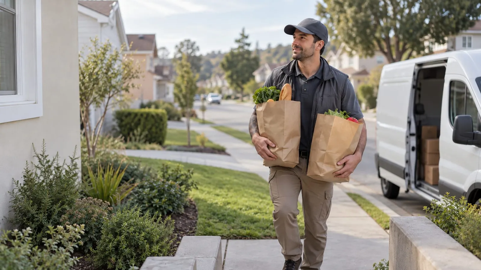 A delivery driver in a cap carries two paper grocery bags along a suburban sidewalk toward a house, a white van parked behind him