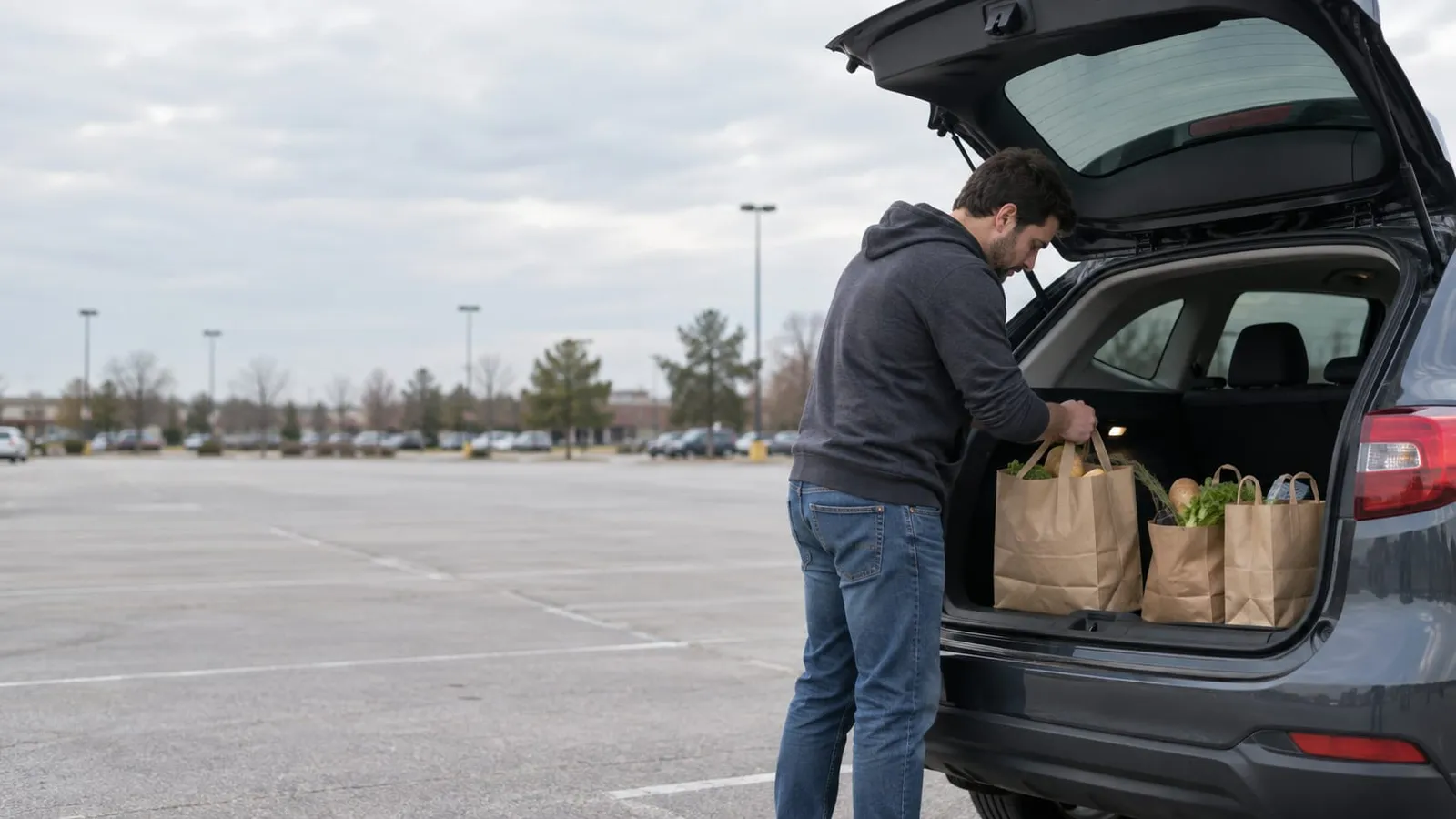 A man loads paper grocery bags into the open trunk of an SUV in a large, nearly empty parking lot