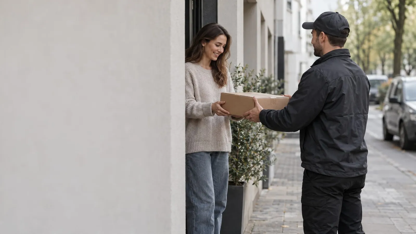 A woman at her front door handing a cardboard box to a courier in a dark jacket on a city street