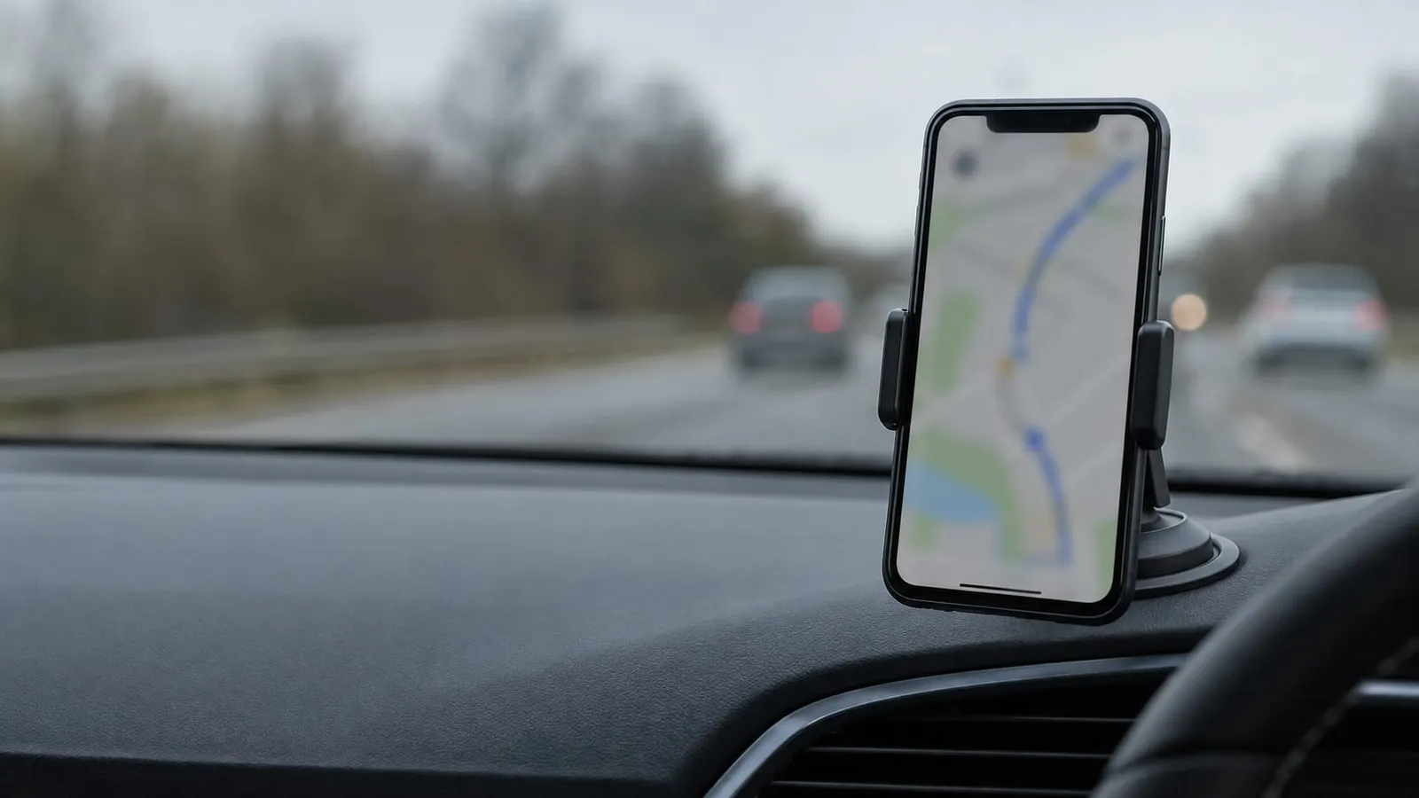 A phone showing a navigation map on a dashboard mount in a car driving on a highway