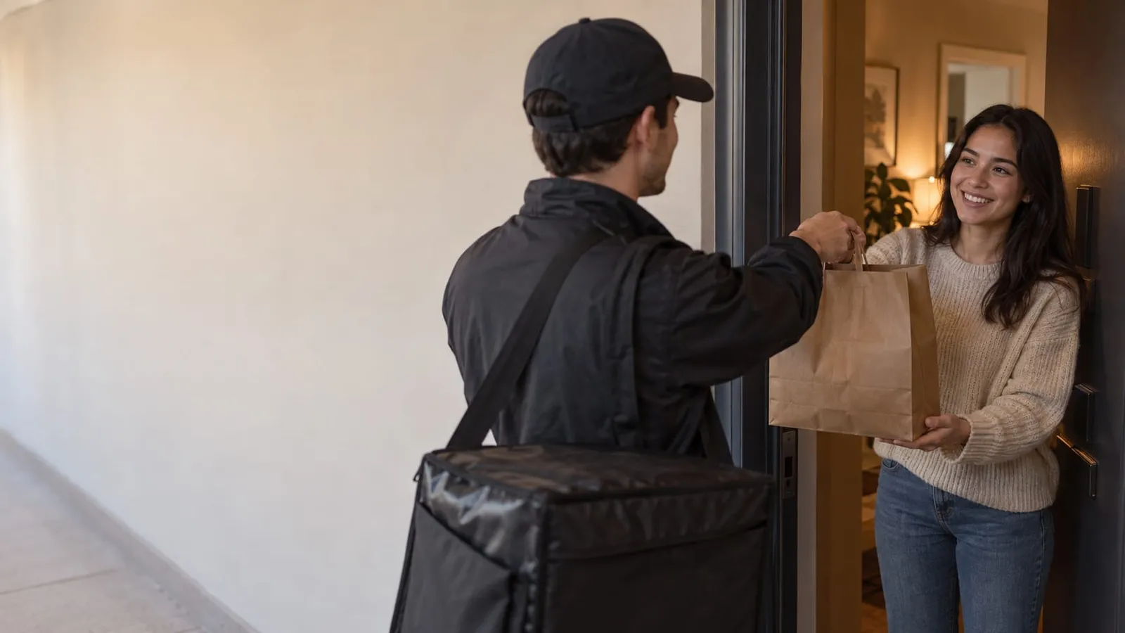 A delivery courier with an insulated bag hands a paper bag of food to a smiling woman at her front door