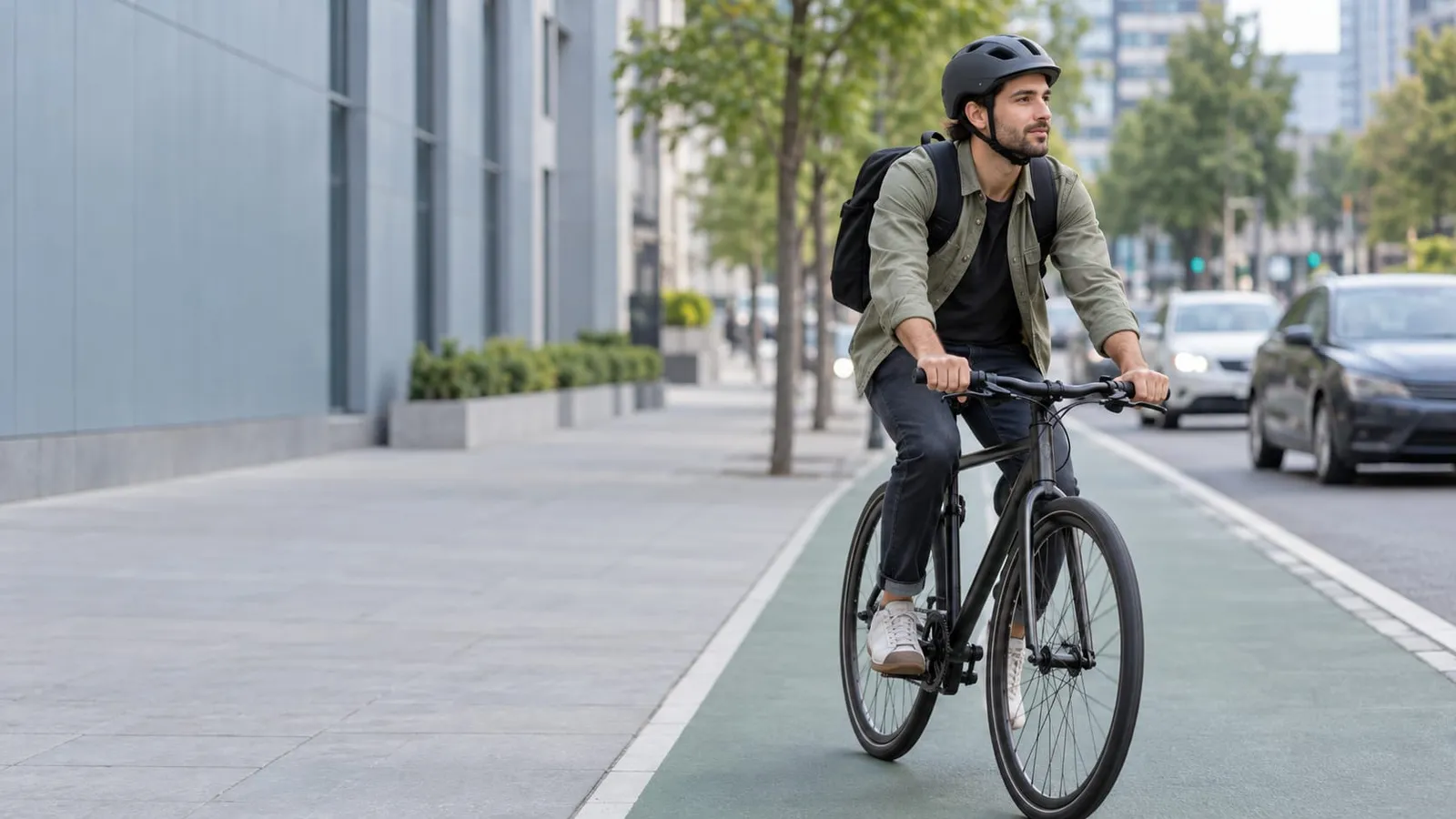 A man in a helmet with a backpack rides a bicycle along a green bike lane next to a city street