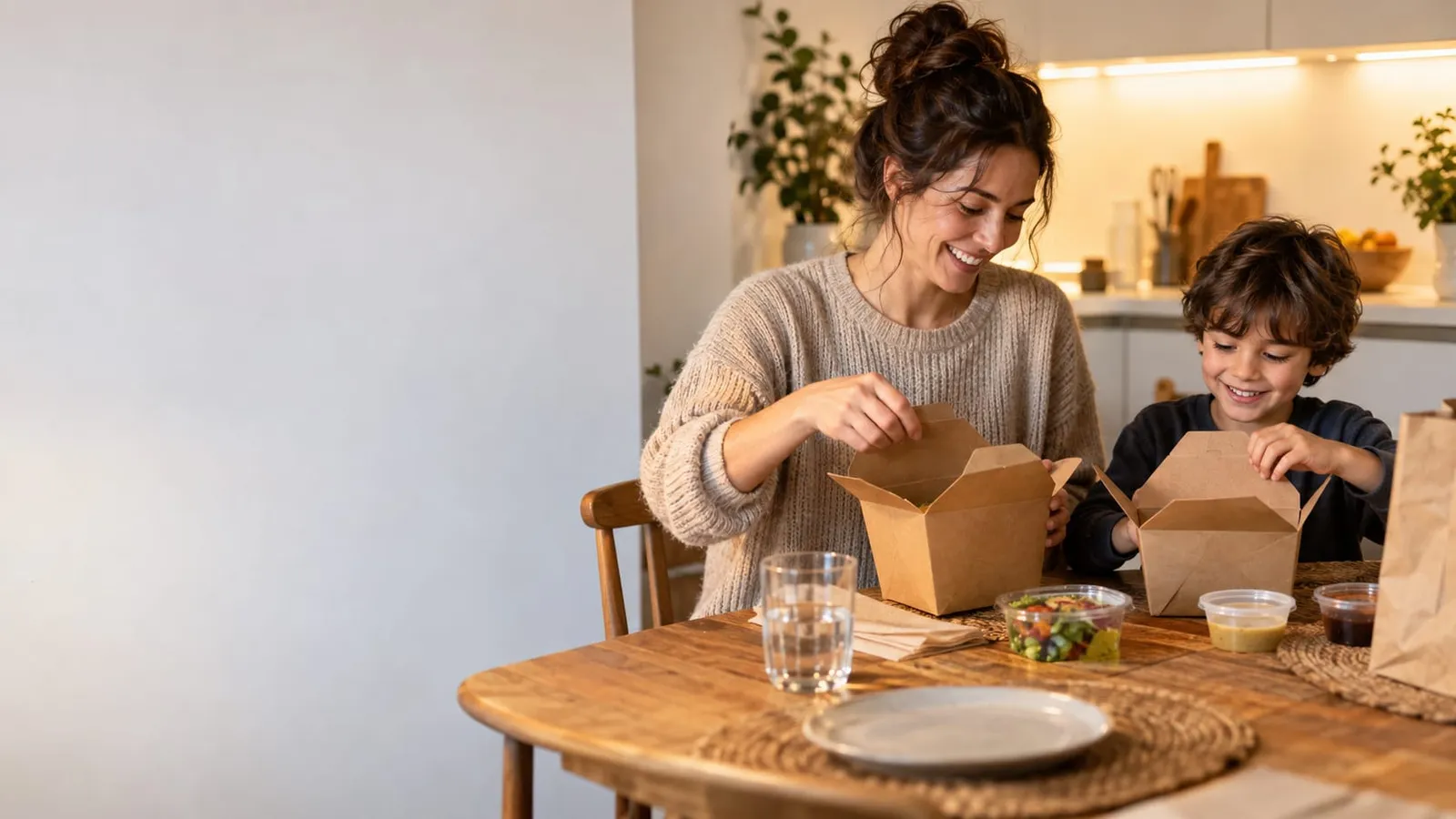 A smiling woman and a boy open takeaway boxes with salad and sauces at a wooden kitchen table
