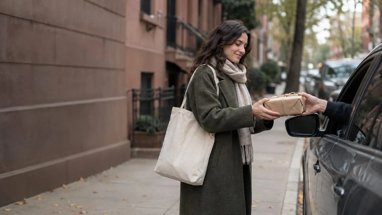 A smiling woman with a tote bag takes a wrapped parcel through the open window of a car parked on a city street