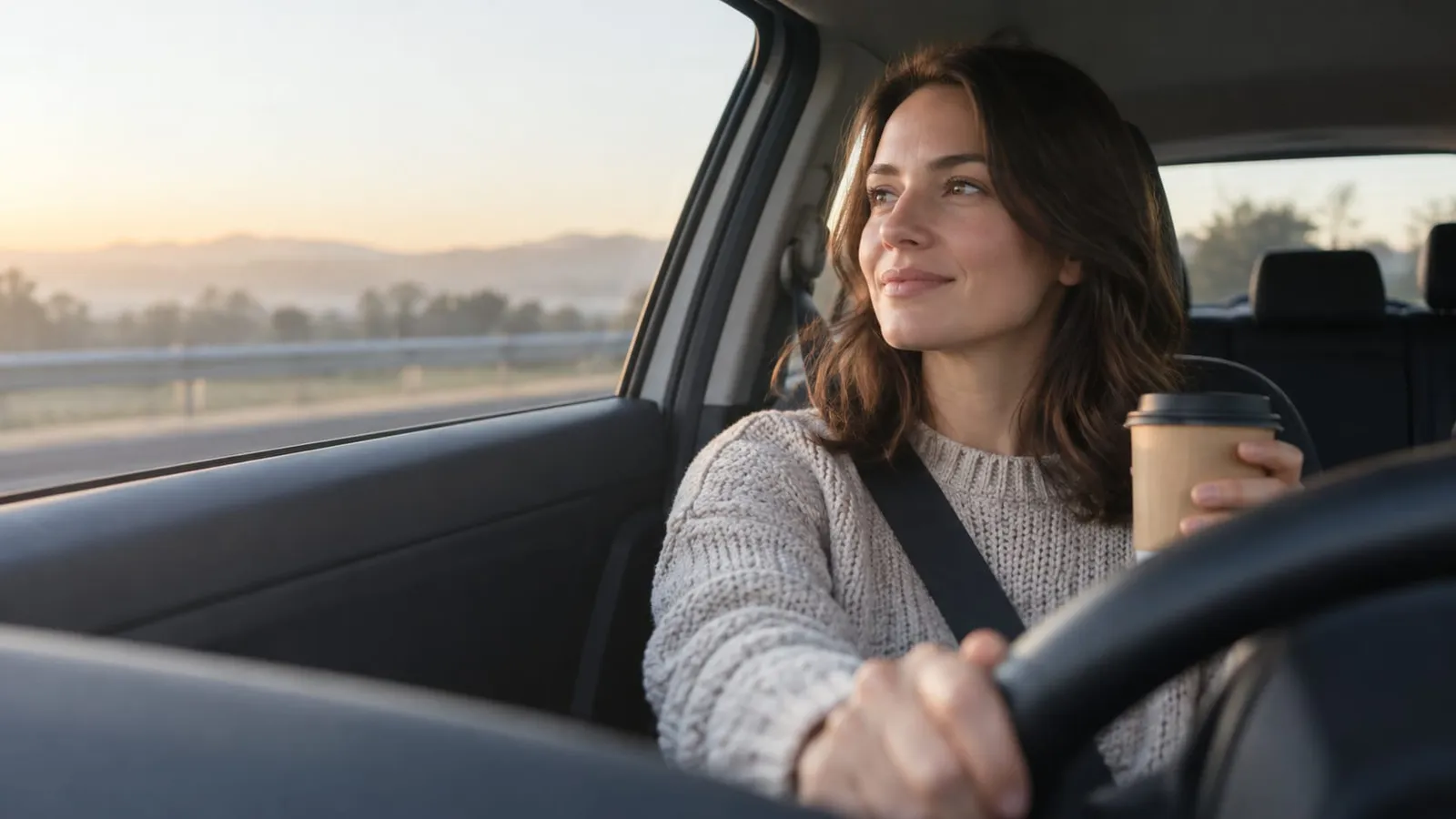 A woman driver holding a paper coffee cup and the steering wheel, looking out of the car window at sunrise