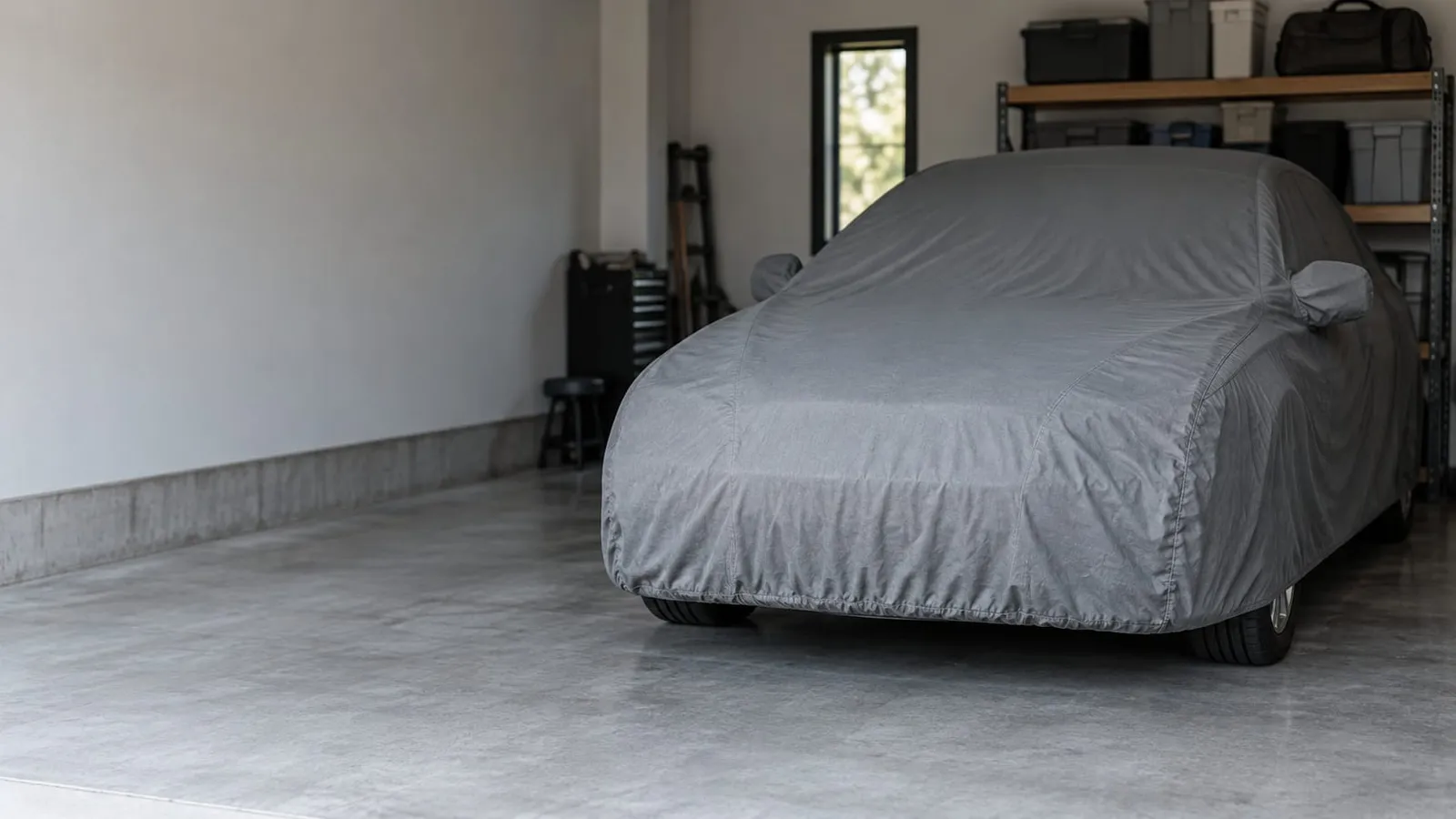 A car covered with a gray fitted cover parked in a clean garage with storage shelves in the background