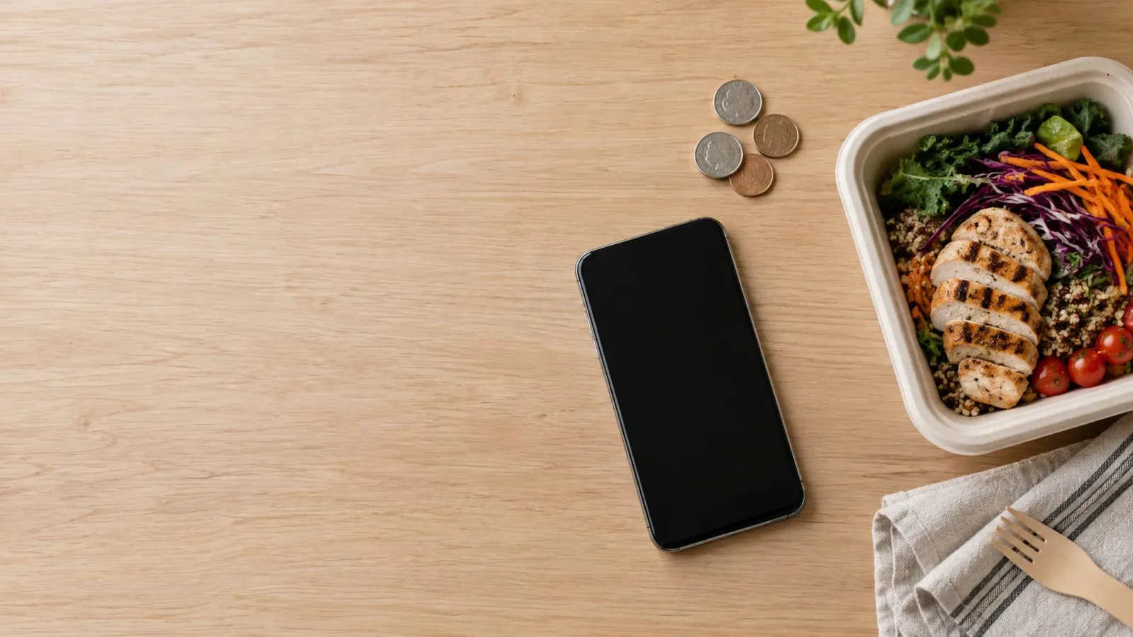 A smartphone with a dark screen, a few coins and a takeaway container with grilled chicken salad on a light wooden table